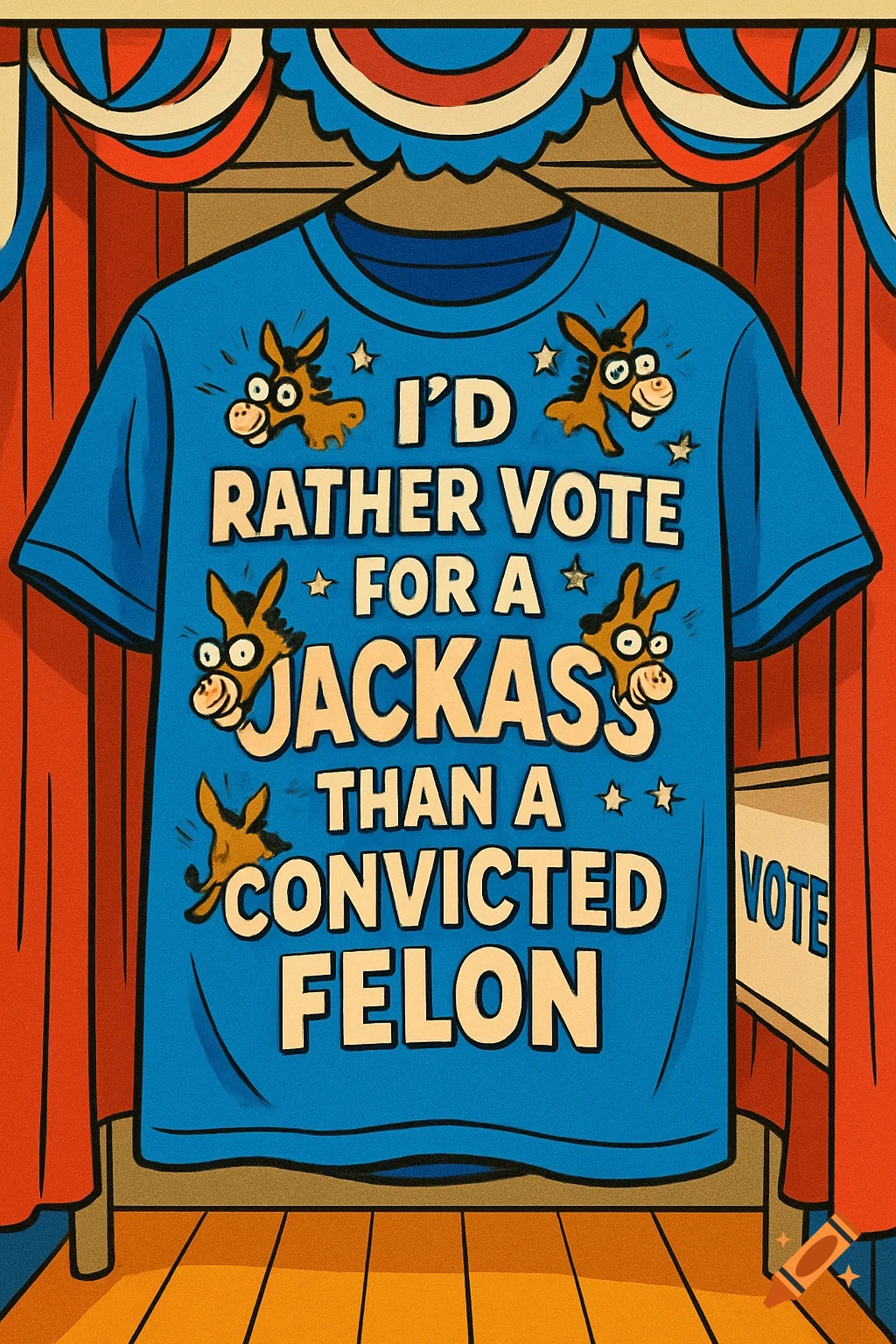 A blue cartoon t-shirt with caricatures of donkeys and text 'I'd rather vote for a jackass than a convicted felon,' set in a polling booth.