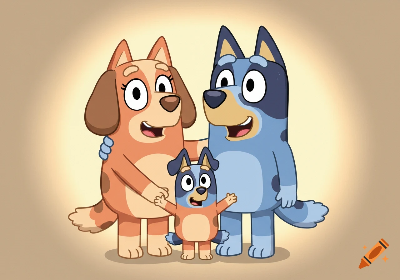 A cartoon family of three dogs in the style of Bluey, smiling and standing together against a warm, plain background.