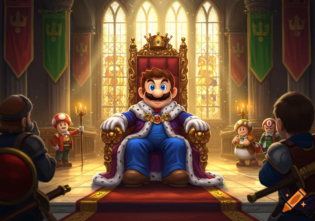 King Mario sits on a golden throne in a grand castle, with mushroom retainers standing nearby. Digital art.