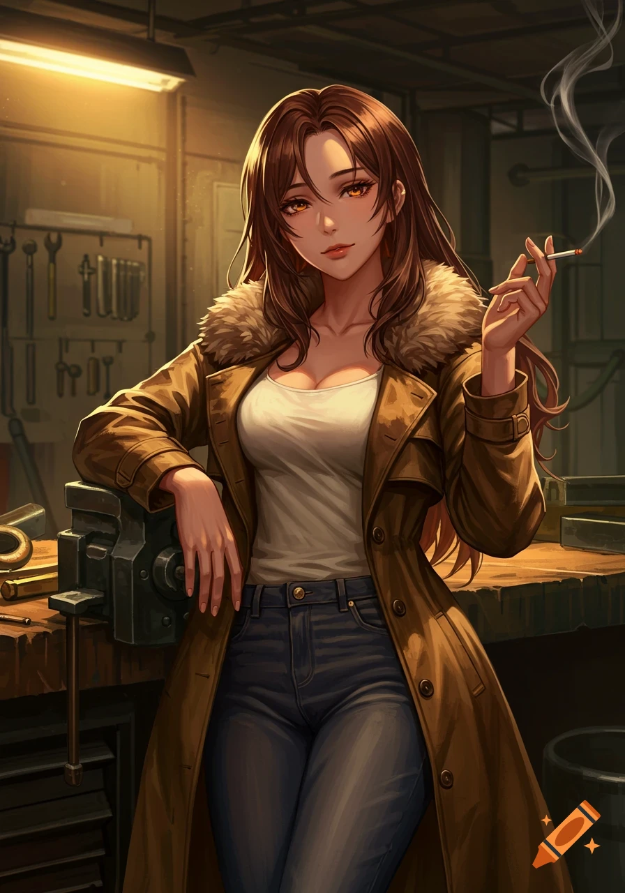 Anime woman with brown hair and orange eyes, wearing a trench coat and jeans, smoking a cigarette and leaning on a workbench in a workshop.