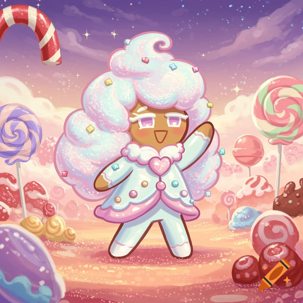 A cheerful gingerbread character with white cotton candy hair stands in a vibrant candy land under a starry sky, in the style of Cookie Run Kingdom.