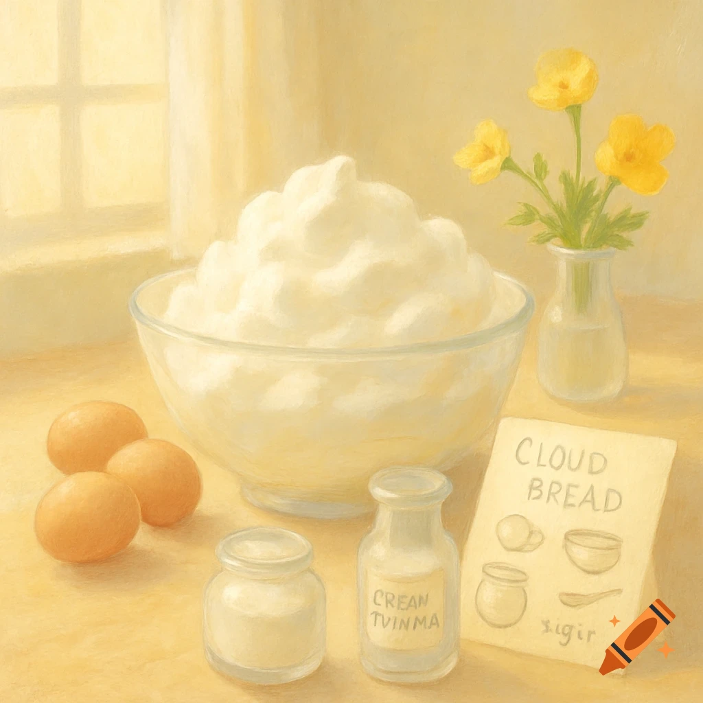 A soft, painterly still life of cloud bread ingredients: a bowl of whipped mixture, three eggs, two bottles, and a 'CLOUD BREAD' recipe card. Yellow flowers and a window are in the background.