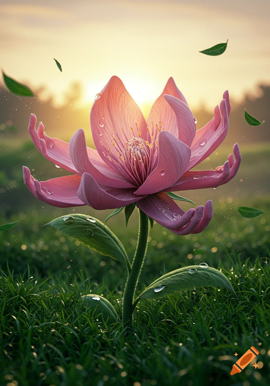 A pink flower with petals formed by human hands covered in dew drops, standing in a lush green field at sunrise.