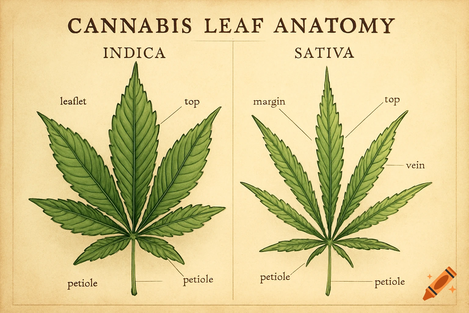 An anatomical chart illustrating the differences between Indica and Sativa cannabis leaves, labeled with parts like leaflet, top, margin, vein, and petiole.