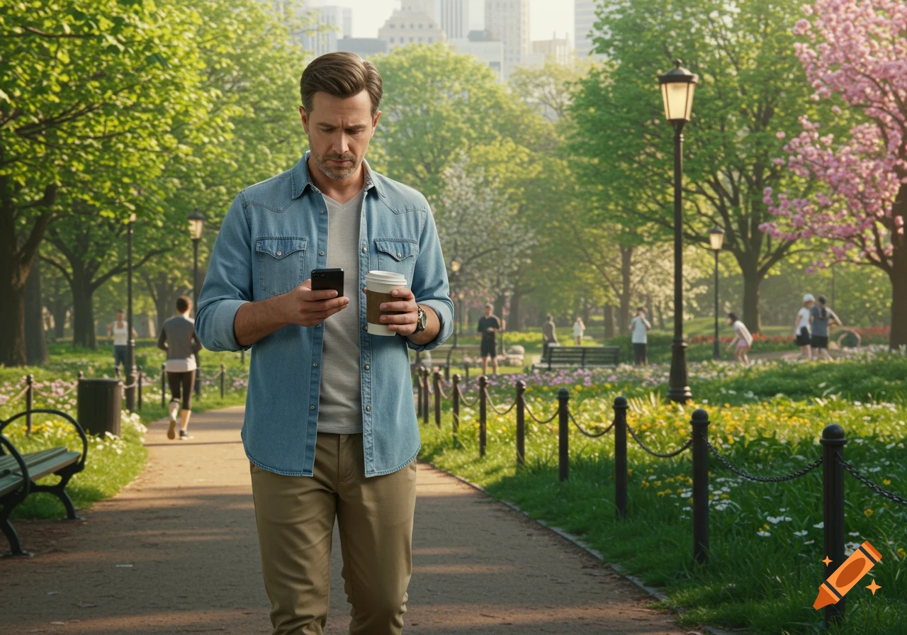 A man walks through a lush green park on a sunny day, looking at his smartphone while holding a coffee cup.