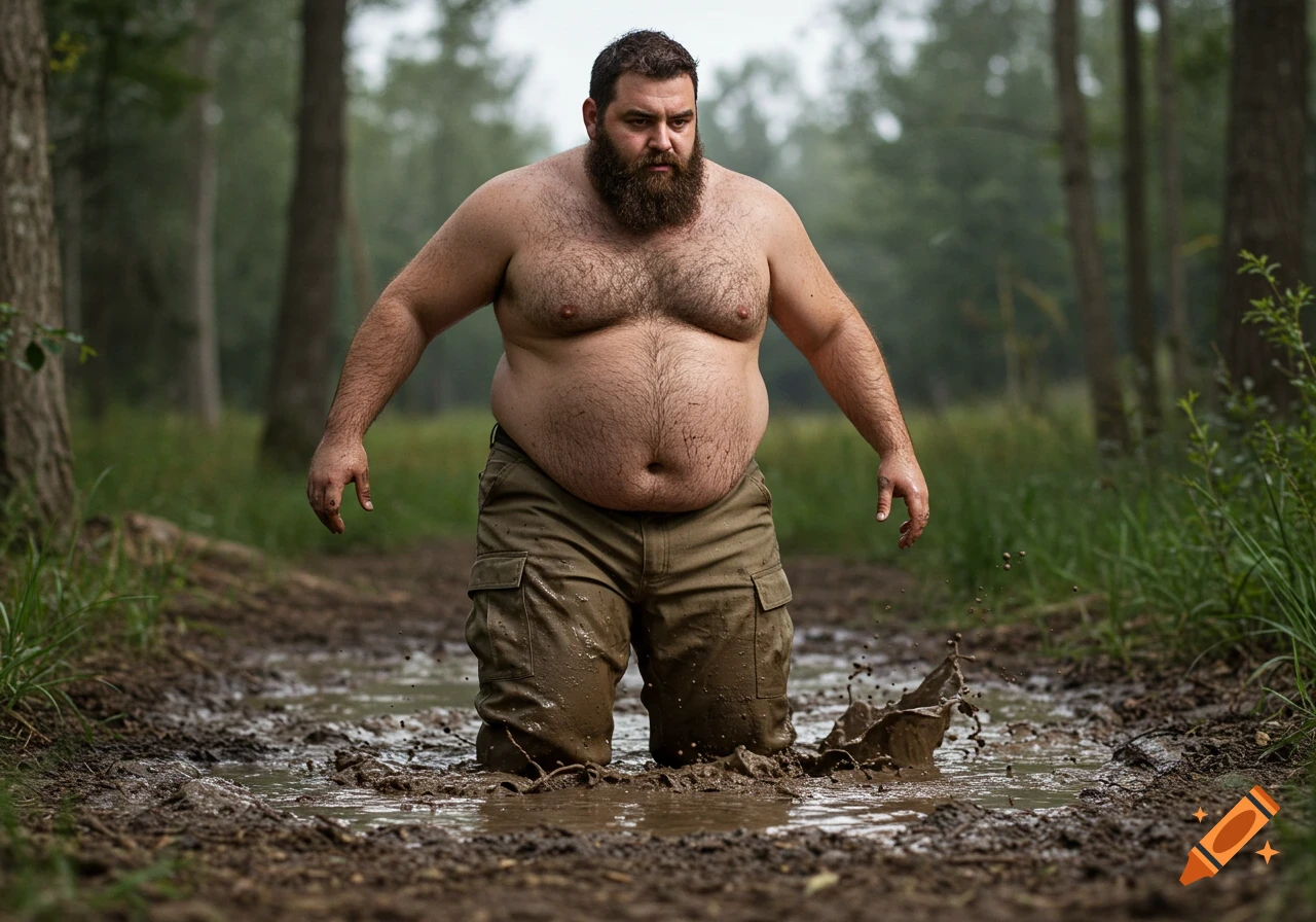A bearded, shirtless, chubby man wearing khaki cargo pants stands knee-deep in a muddy forest path, splashing mud.
