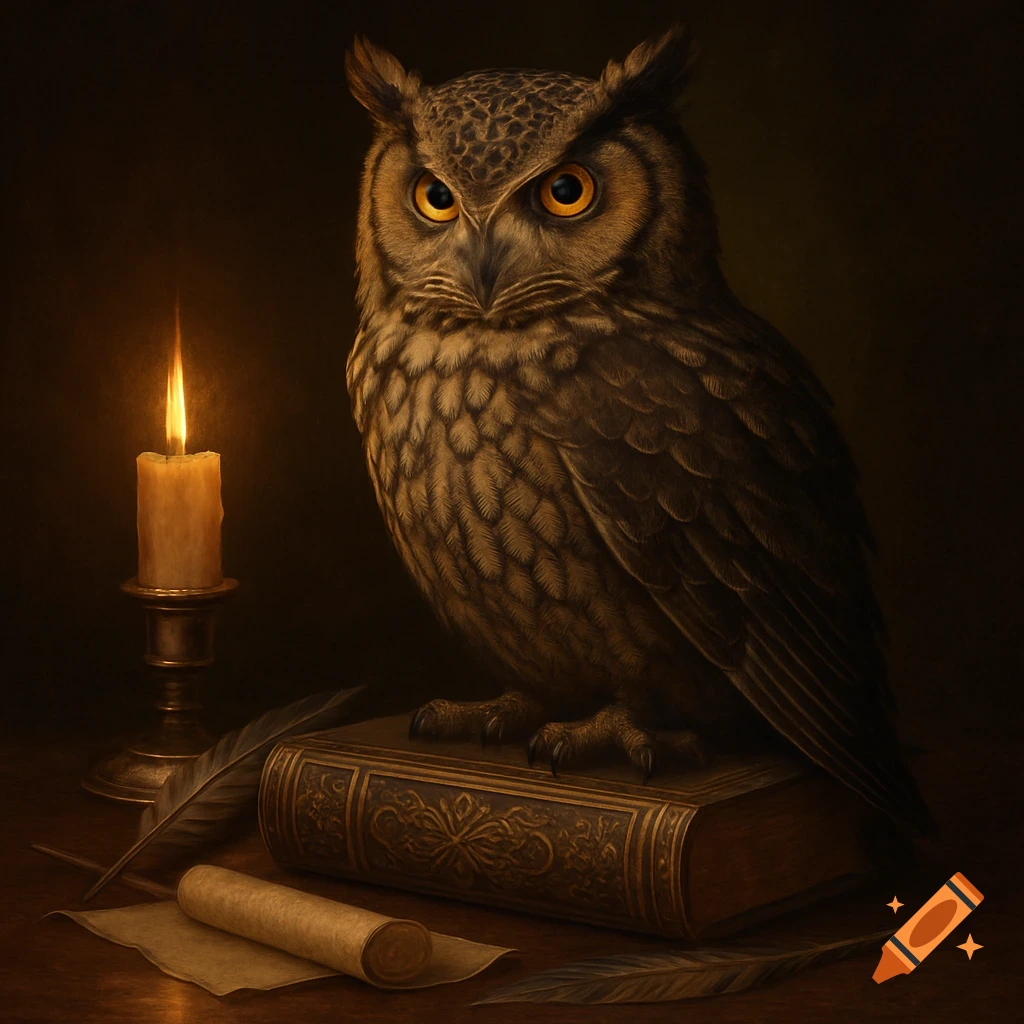 A majestic owl sits on an ornate book beside a lit candle and scroll in a dark, atmospheric room.