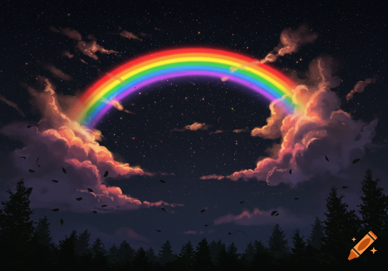 A vibrant rainbow arches across a dark, starry night sky. Illuminated clouds glow below the rainbow, with a silhouetted pine forest in the foreground.