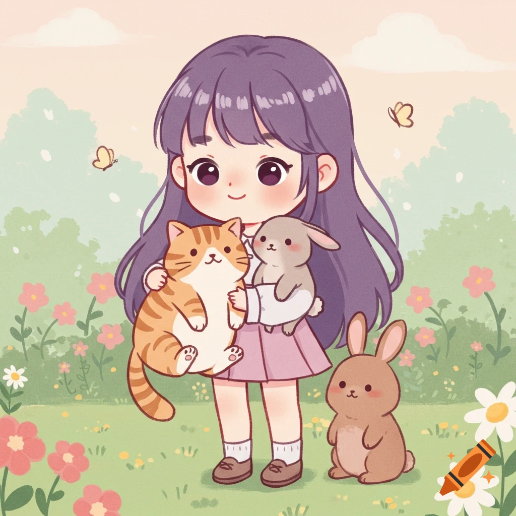 A cute cartoon girl with purple hair holds a tabby cat and a bunny in a grassy field with flowers.