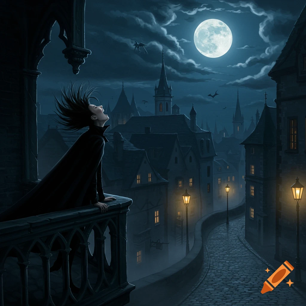 Gothic figure in a dark cloak on a balcony looking up at a full moon over a dark, old European-style town at night.