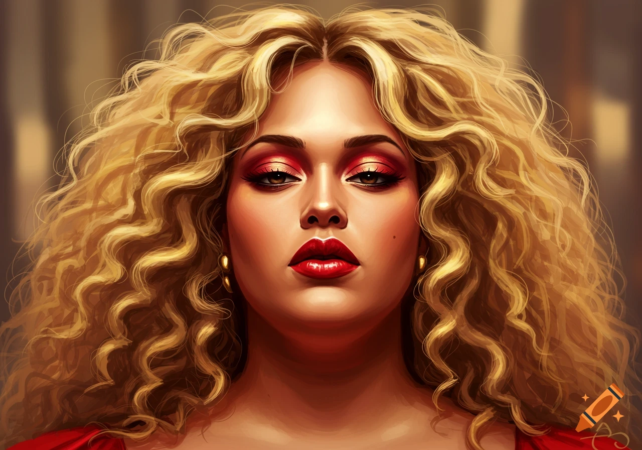 Close-up portrait of a woman with voluminous blonde curly hair, bold red eyeshadow, and red lipstick.