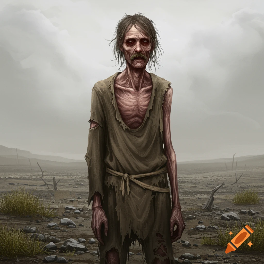 An emaciated man with a mustache and messy hair stands in a desolate, rocky wasteland under a gloomy sky. Digital art.