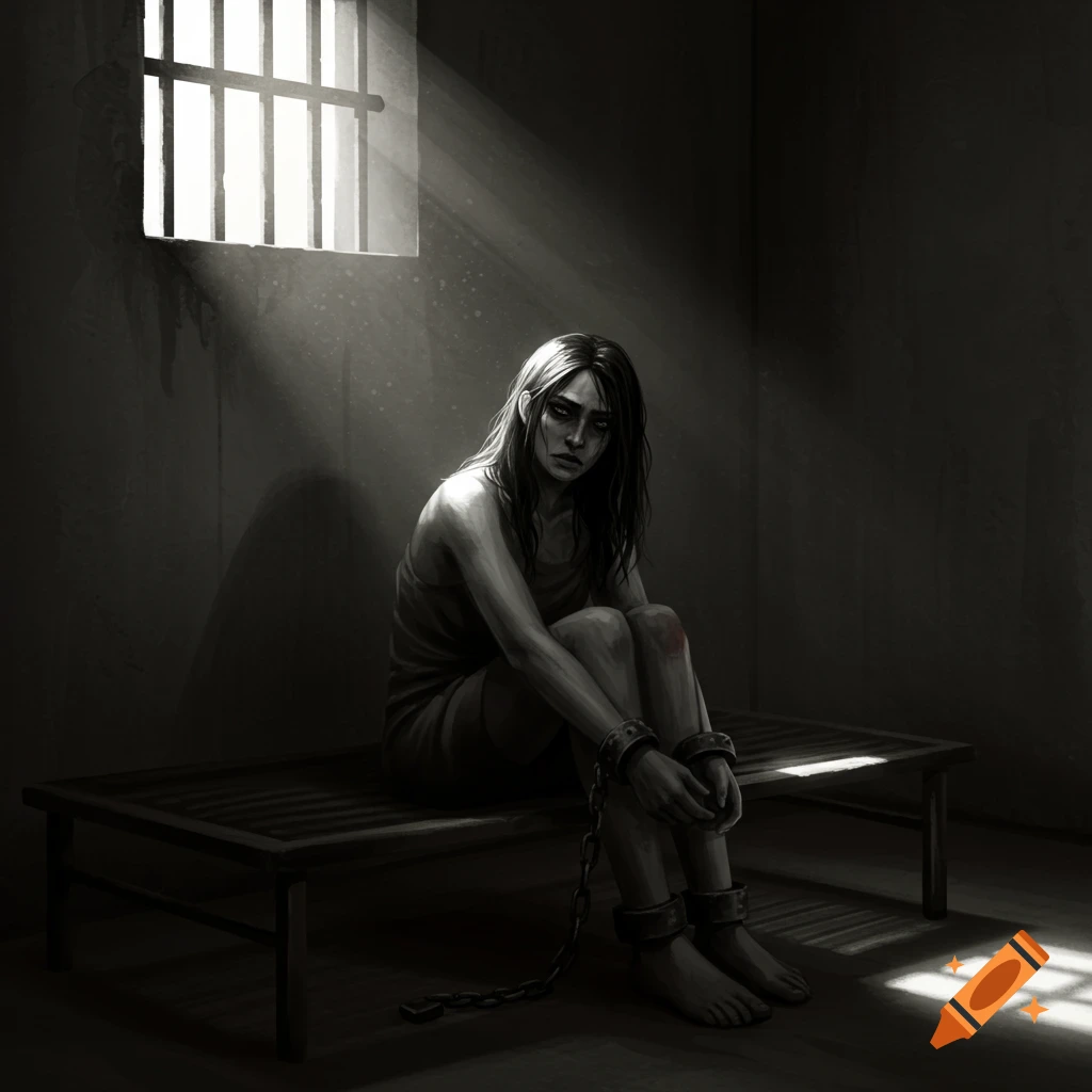 A somber illustration of a female prisoner with chained hands and feet, sitting on a bench in a dark, desolate cell with light streaming from a barred window.