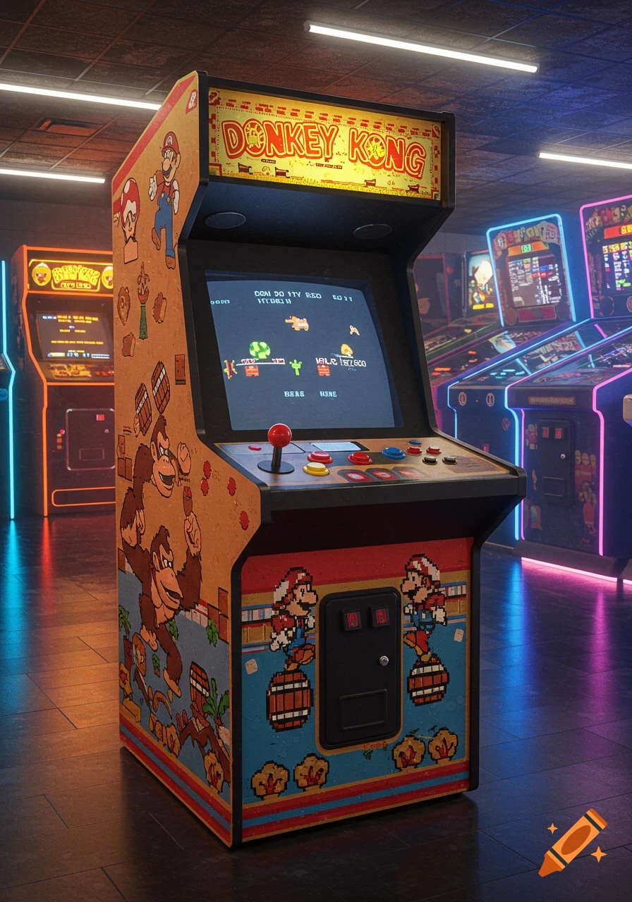 A Donkey Kong arcade game machine stands prominently in a dimly lit arcade, surrounded by other glowing machines.