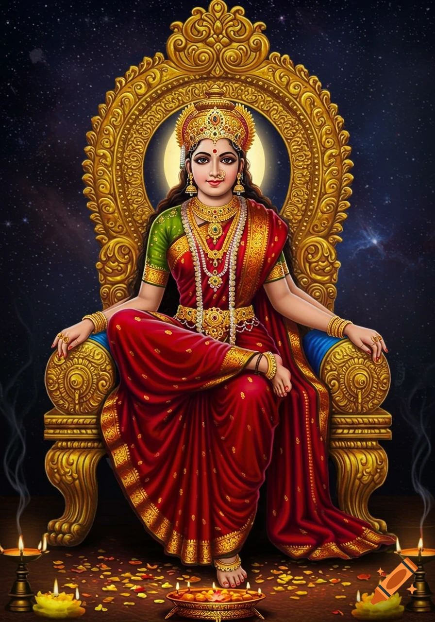 A Hindu goddess, Bhuvaneshwari, sits on an ornate golden throne, adorned in a red sari and jewelry, against a starry night sky.
