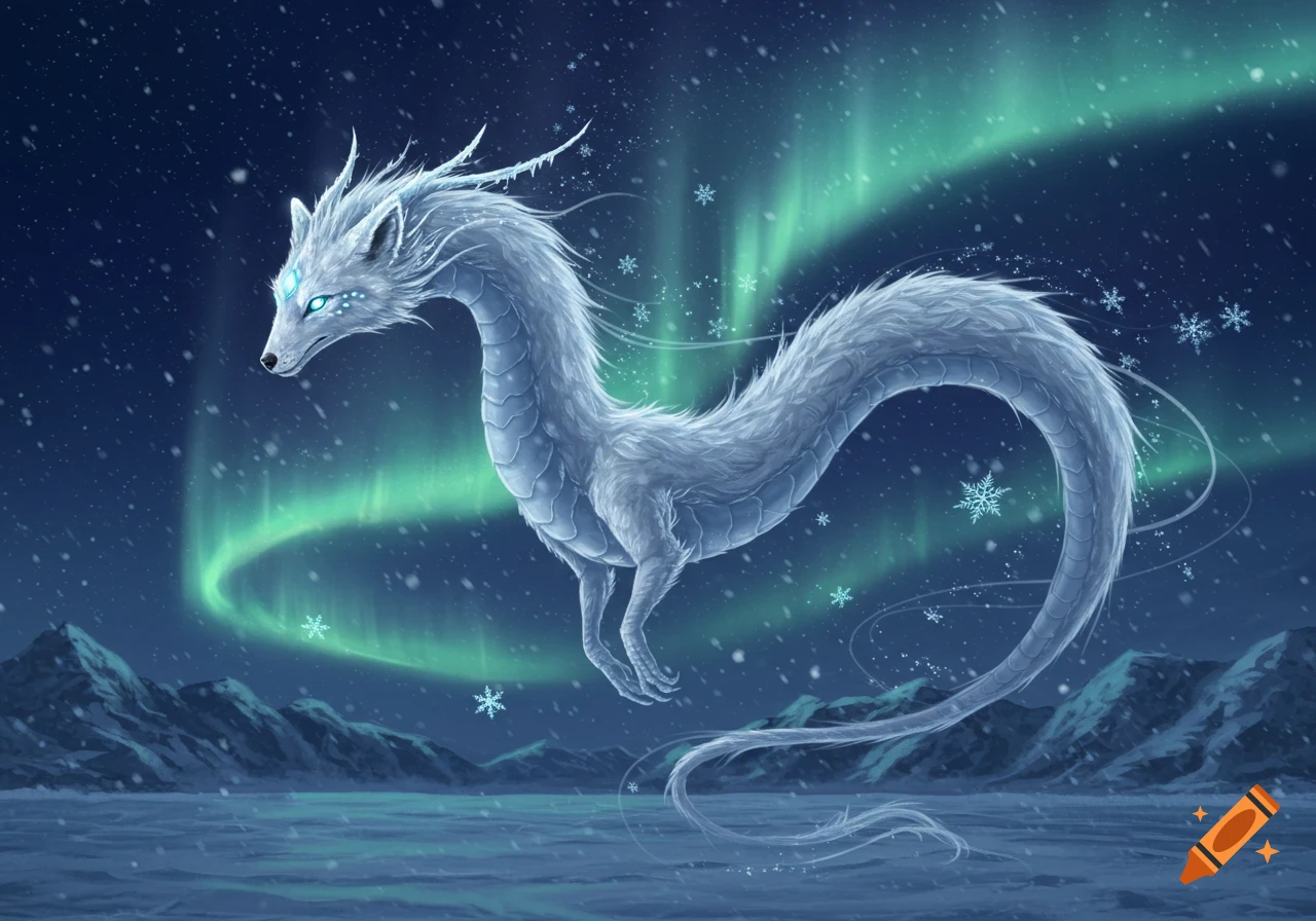 A white, fluffy dragon with an arctic fox head floats in a snowy night sky with green aurora borealis over icy mountains.