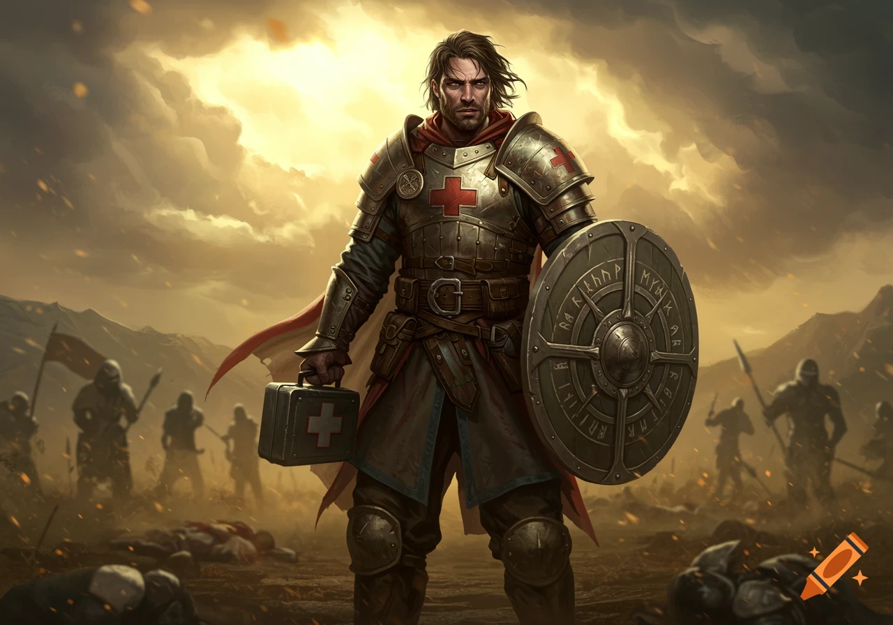 A strong fantasy field medic in armor with a red cross, holding a shield with runes and a medic case on a battlefield.