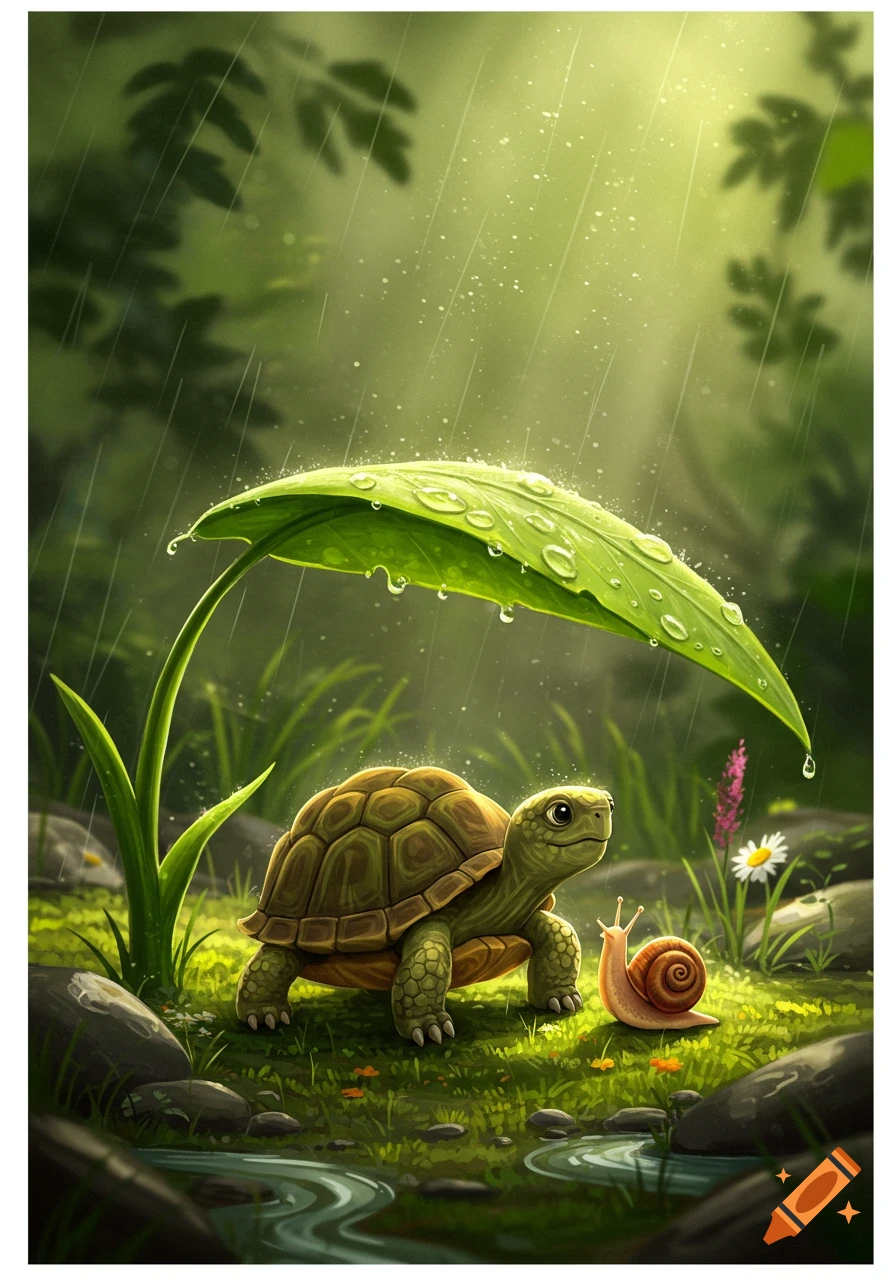 A cute cartoon turtle and snail shelter under a large green leaf during a rainy forest day.