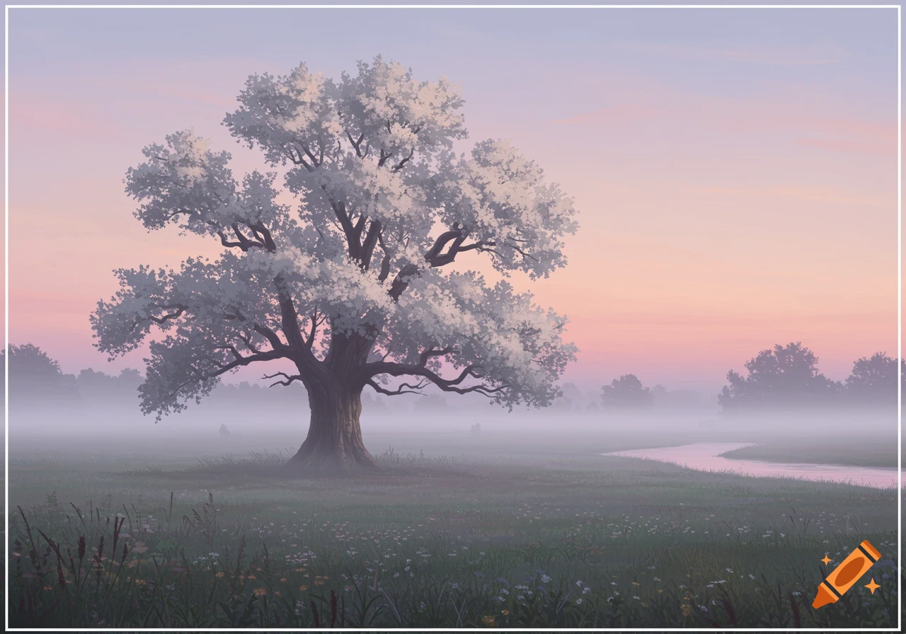 A majestic oak tree with pale, light-colored leaves stands in a misty field with a winding stream, under a soft pink and purple dawn sky.