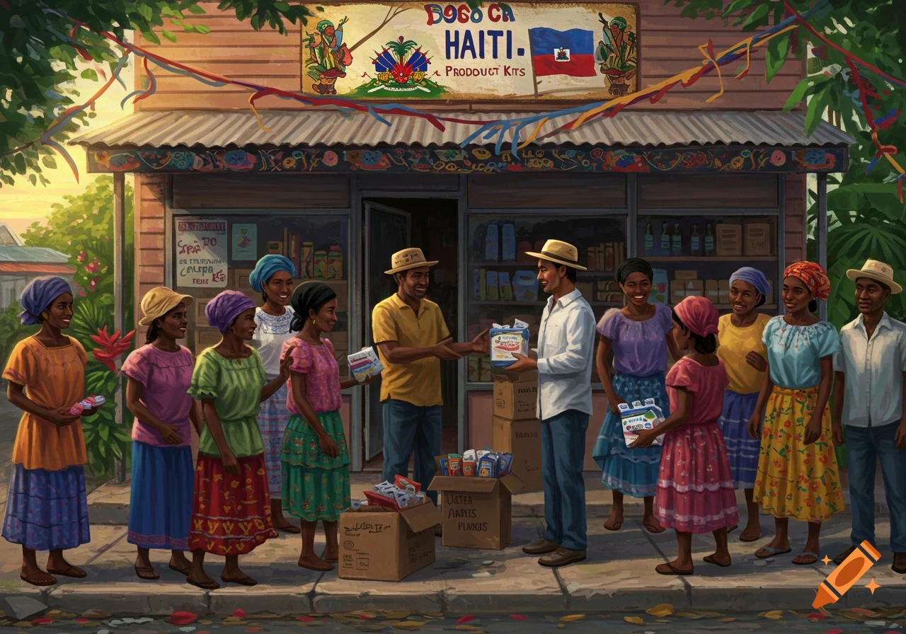 A group of Haitian people, mostly women, gather in front of a store as two men exchange goods. Boxes of "Haitian product kits" are on the sidewalk. The scene has a warm, painterly style.