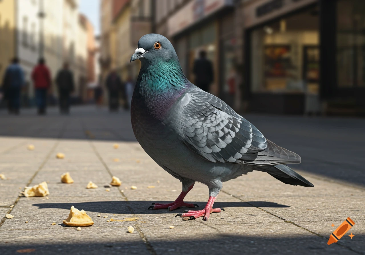 A close-up, photorealistic image of a pigeon standing on a city sidewalk with scattered bread crumbs. The background is blurred, showing a street with buildings and distant figures.