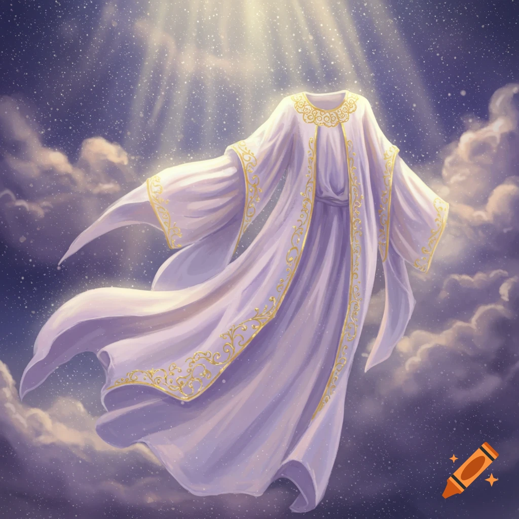 A white, flowing robe with intricate gold trim floats in a celestial, cloudy sky with rays of light shining down.