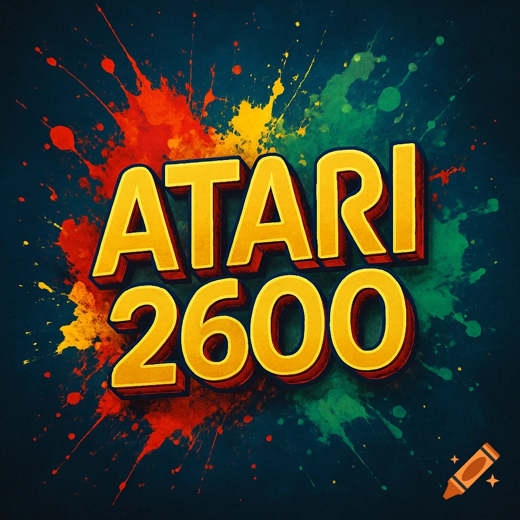 Bold yellow 3D text 'ATARI 2600' on a dark blue background with colorful paint splatters.