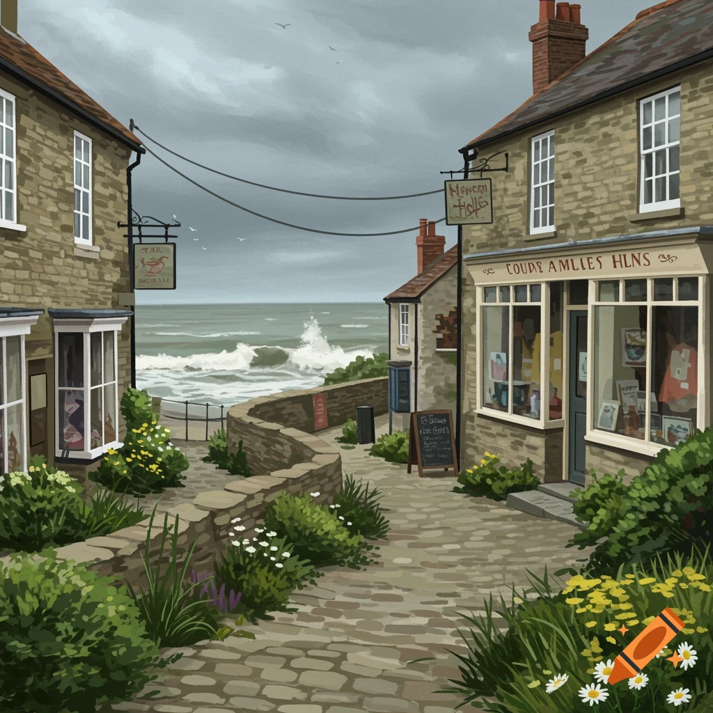A quaint coastal village street with stone buildings, shops, plants, and rough sea waves under a cloudy sky.