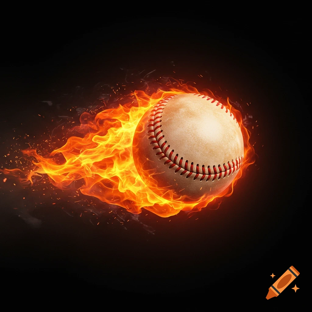 A baseball engulfed in vibrant orange and red flames against a dark background.