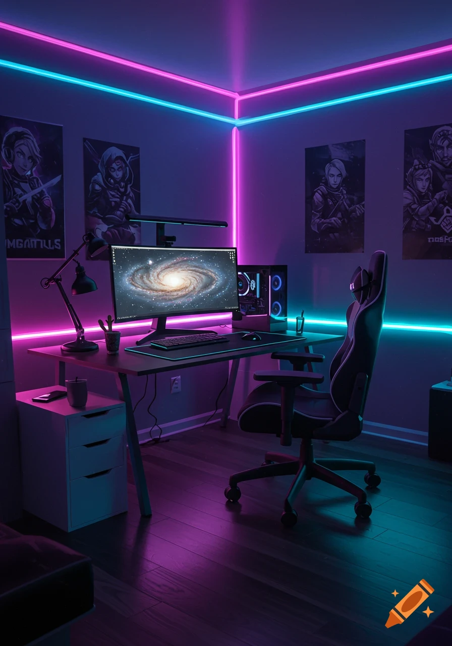 A modern gaming room illuminated by vibrant pink and blue neon RGB lights, featuring a gaming desk, chair, and a glowing PC monitor displaying a galaxy.