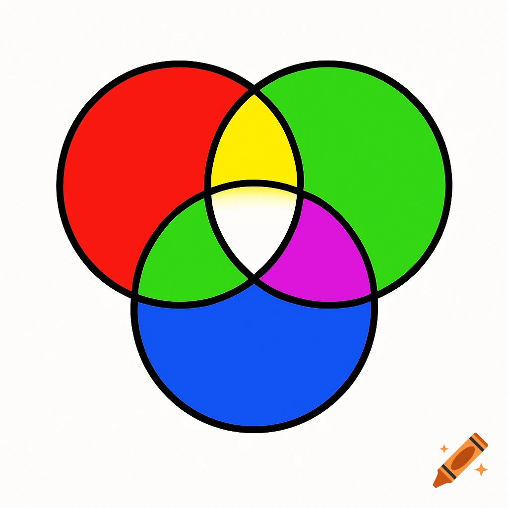 A color diagram featuring three overlapping circles in red, green, and blue, creating yellow, magenta, cyan, and a white center.