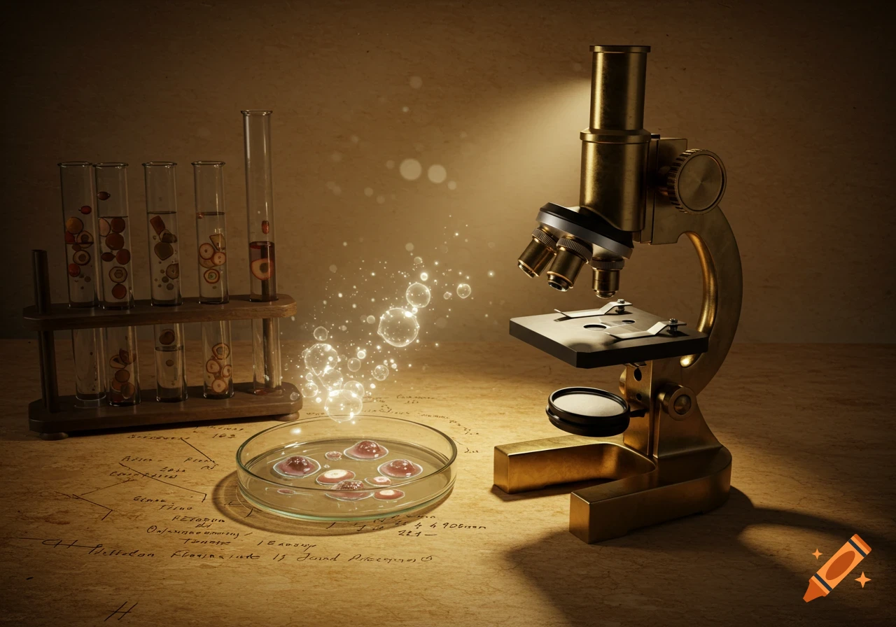 A vintage brass microscope, petri dish with glowing cells, and test tubes filled with liquids on an aged paper surface with handwritten notes, under warm lighting.