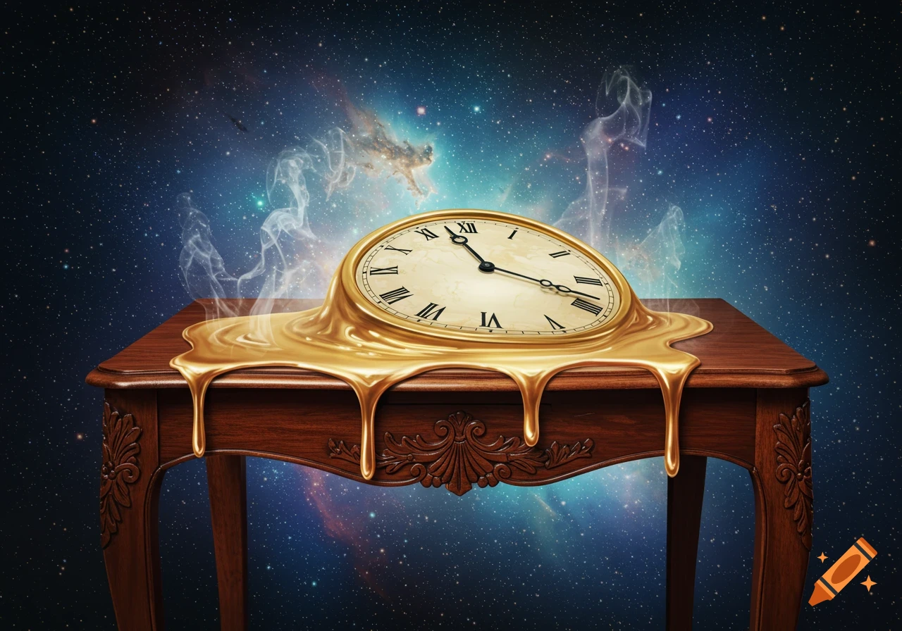 A surreal melting gold clock draped over a dark wooden table against a starry cosmic background.