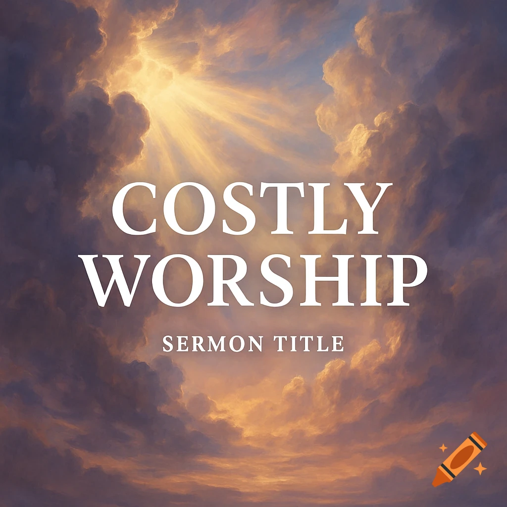 A title slide with "Costly Worship" and "Sermon Title" against a backdrop of sun rays breaking through dramatic clouds.