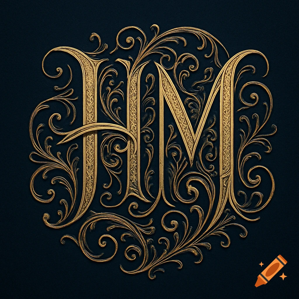 Elegant gold HM monogram with ornate filigree on a dark, textured background.
