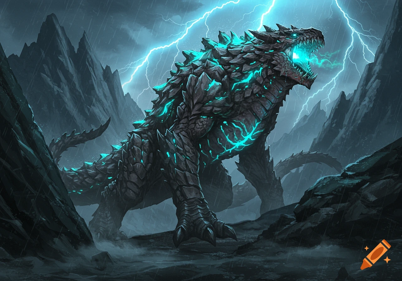 A massive, dark scaly monster with glowing blue energy standing in a stormy, mountainous landscape with lightning.