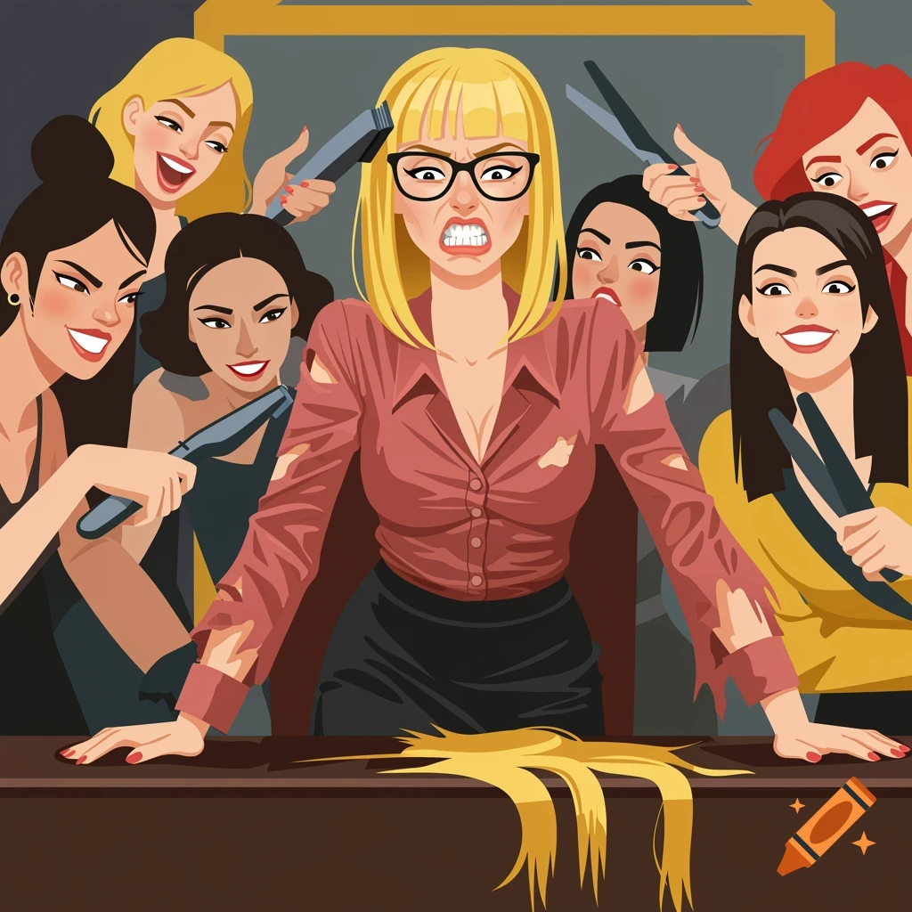 An illustration of an angry blonde woman with cut hair and torn clothes, surrounded by laughing women holding clippers and scissors.