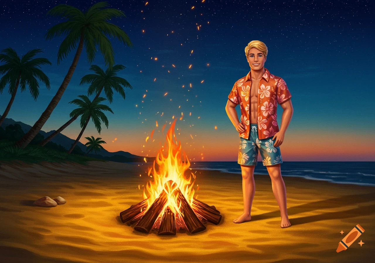 A stylized illustration of Ken from Barbie on a beach next to a bonfire, with palm trees and ocean at dusk.