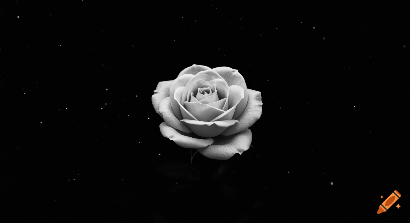A black and white close-up photo of a single white rose centered on a black background with scattered white dots.