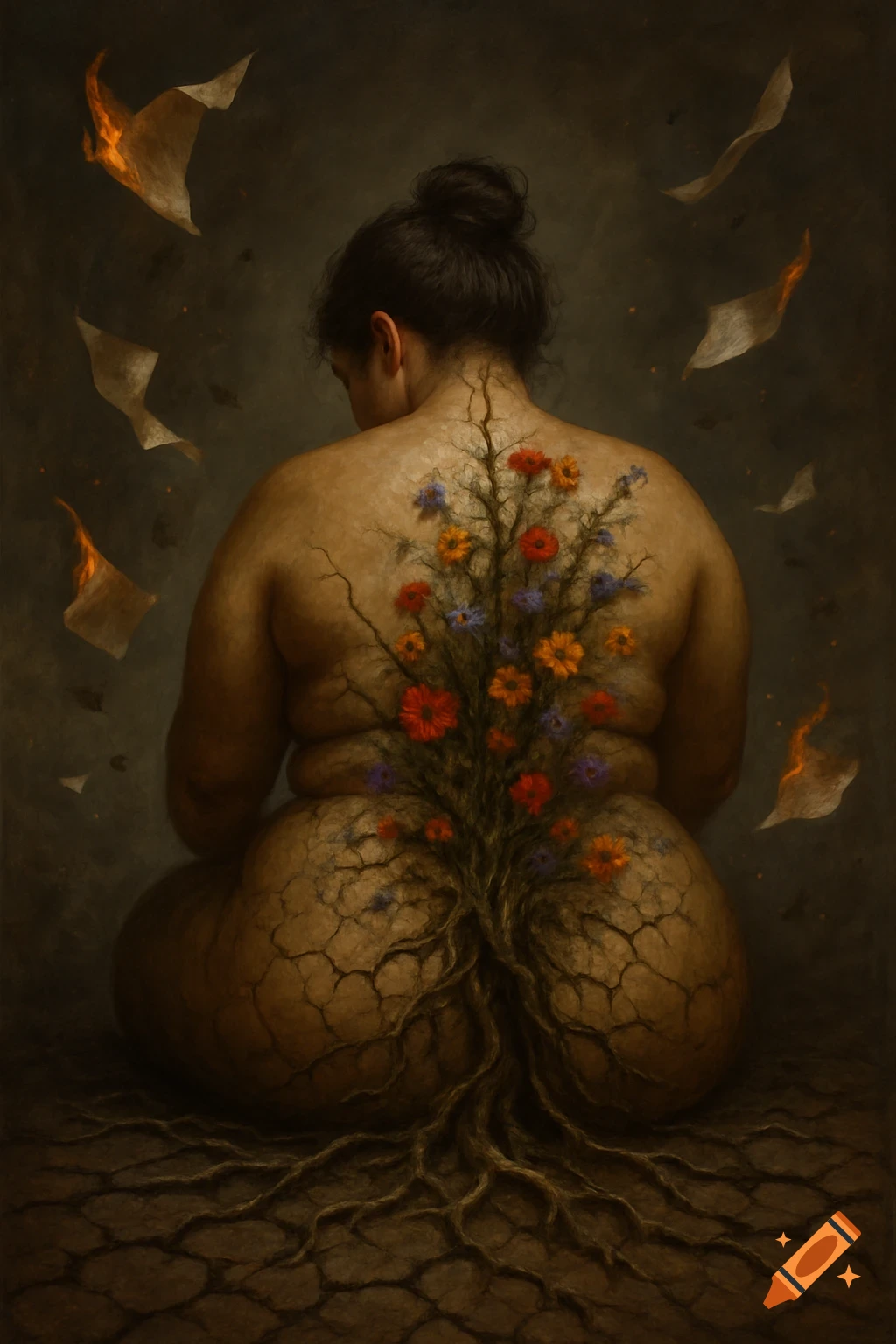A woman with her back turned, sitting on cracked earth, with roots and wildflowers growing from her back. Burning papers float around her.