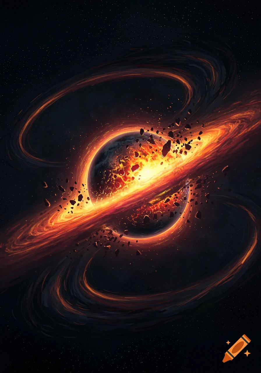 A planet explodes in a fiery cosmic event, surrounded by swirling rings of orange energy and debris in deep space.