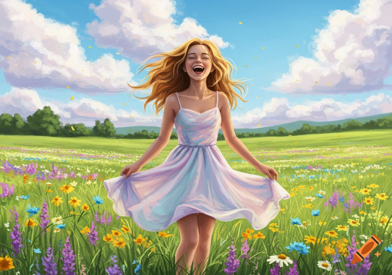 A joyful blonde girl with flowing hair in a white dress stands in a vibrant wildflower field under a blue sky, illustration.