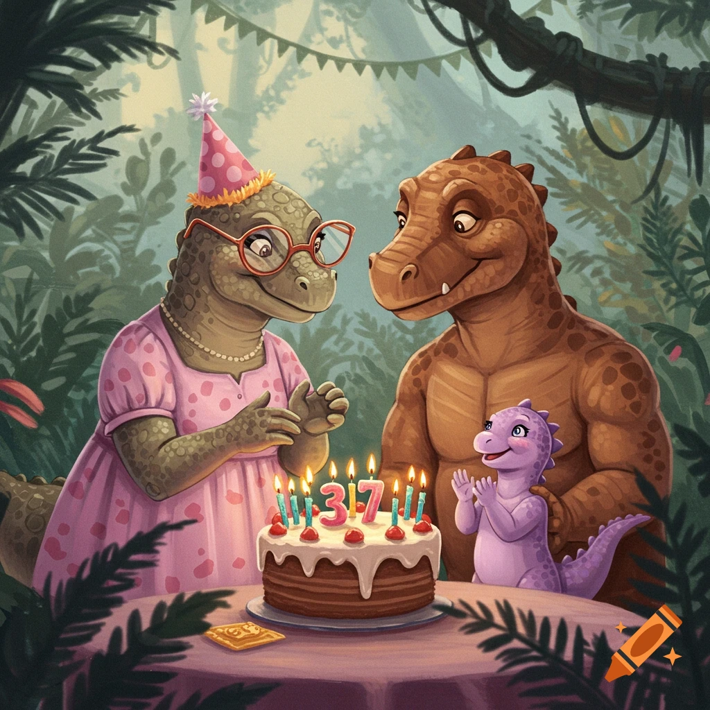 Cartoon dinosaur family celebrates a birthday in a jungle, with a mommy dino, daddy dino, and baby dino around a cake with '37' candles.