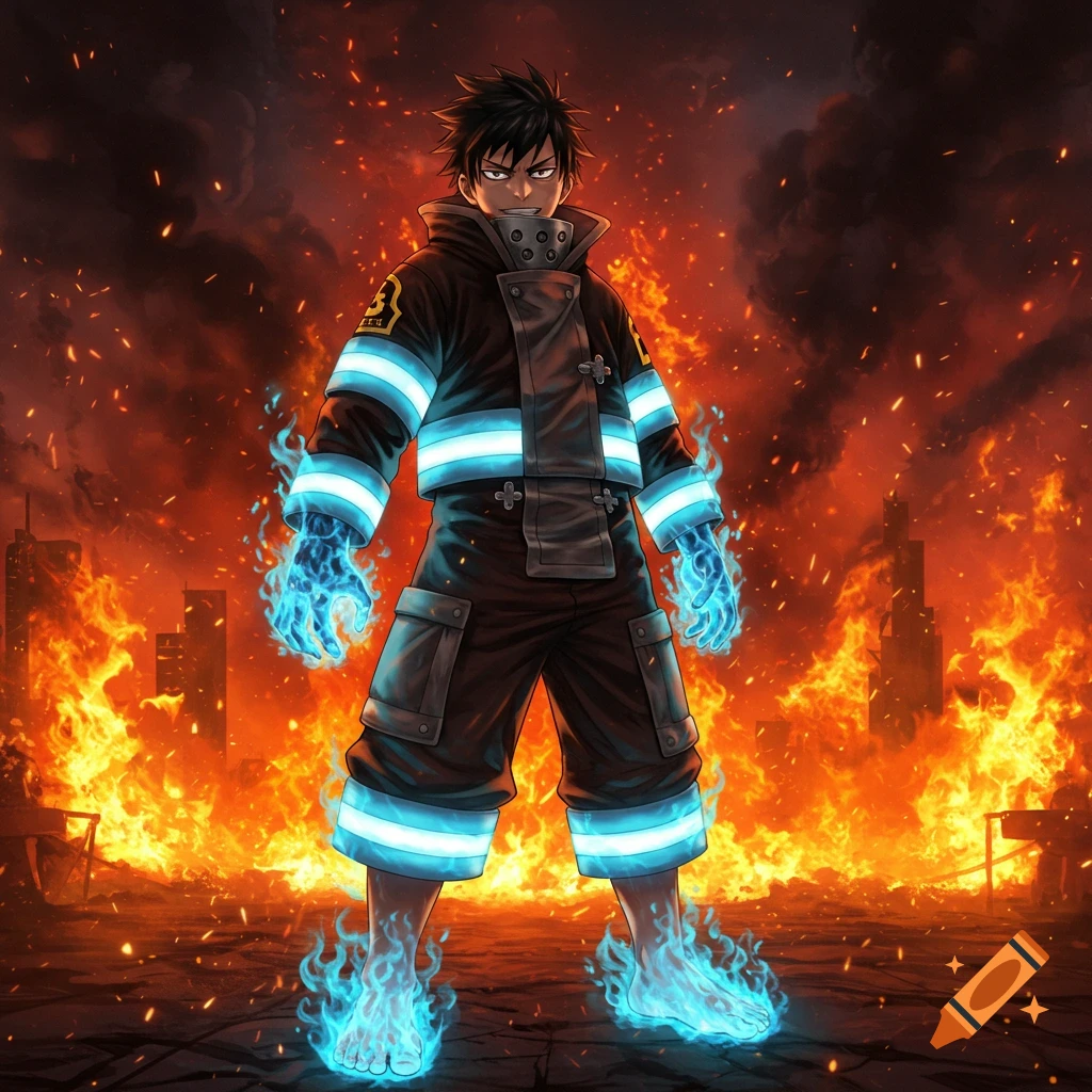 An anime character, Shinra from Fire Force, with black hair and a firefighter-like uniform, stands amidst a fiery background with blue flames emanating from his hands and feet.