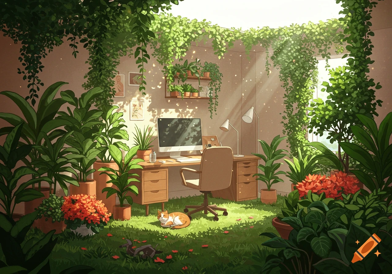 An illustrated cozy home office filled with lush green plants and vibrant orange flowers. A desk with a computer sits on a grassy floor where a cat naps in sunlight.