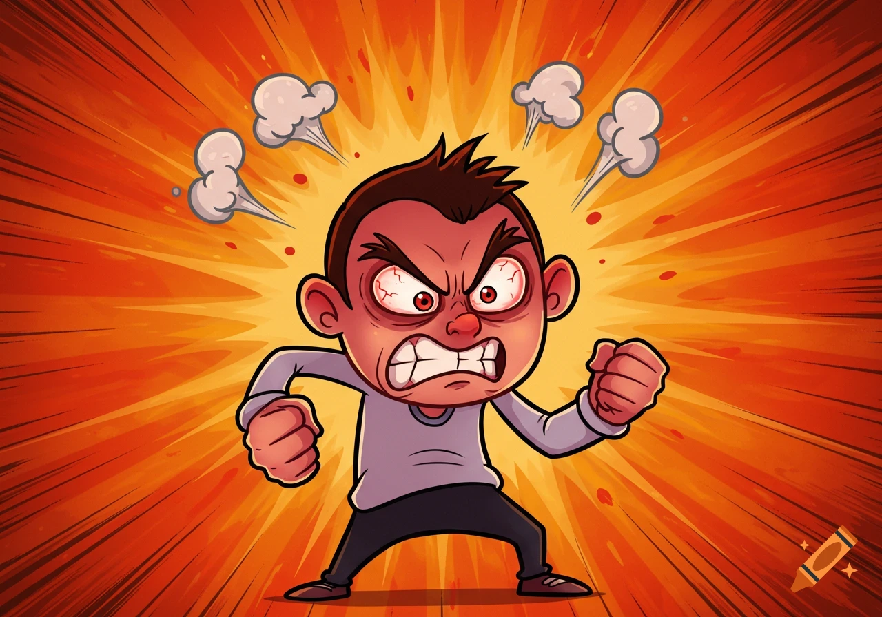 A cartoon character with an angry expression, red eyes, and fists clenched, surrounded by an orange and yellow radial burst background with smoke clouds.