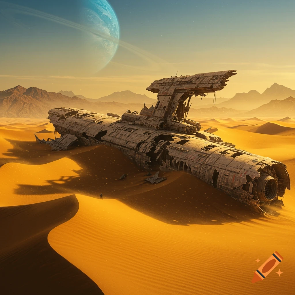 A large, ruined spaceship rests half-buried in golden desert dunes under a sky with a massive ringed planet.