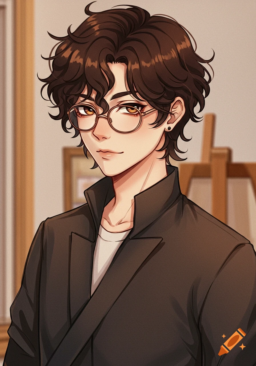 A drawing of a young adult male with dark brown curly hair and round glasses, in an anime style.