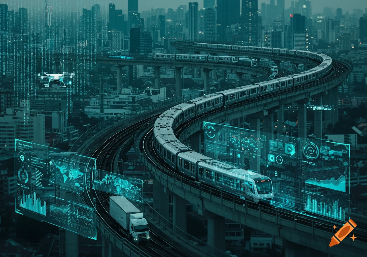 Futuristic cityscape with an elevated train, truck, and drone, overlaid with glowing digital data interfaces.