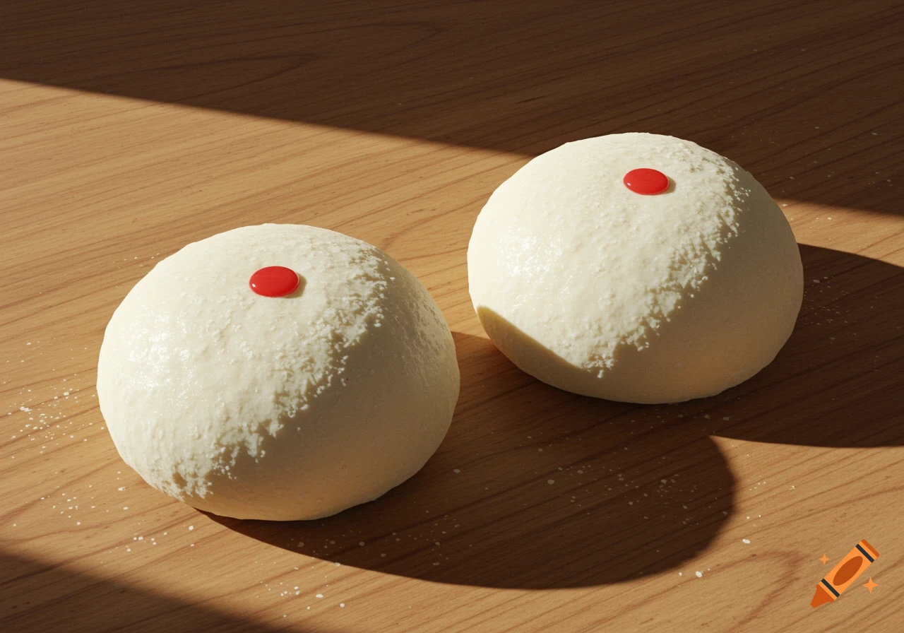 Two white dough balls, each with a small red dot on top, resting on a wooden surface with subtle shadows and specks of flour.